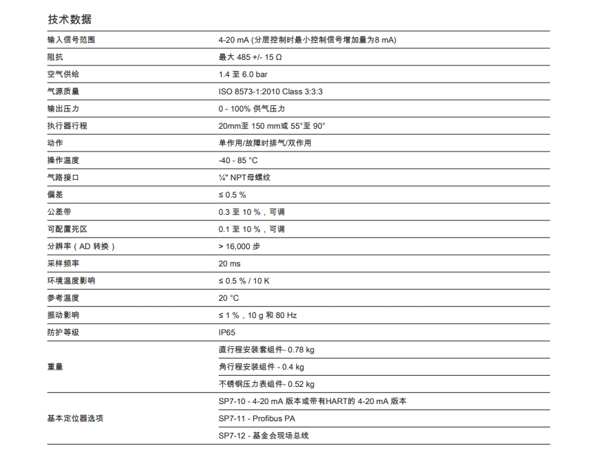 SP7-1定位器技術(shù)參數(shù)